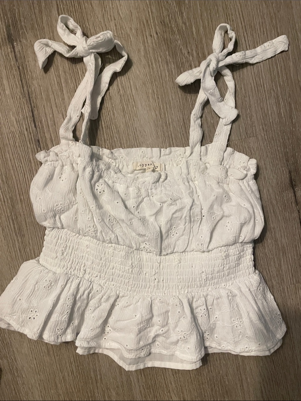 Copper Key White Eyelet Smocked Peplum Top